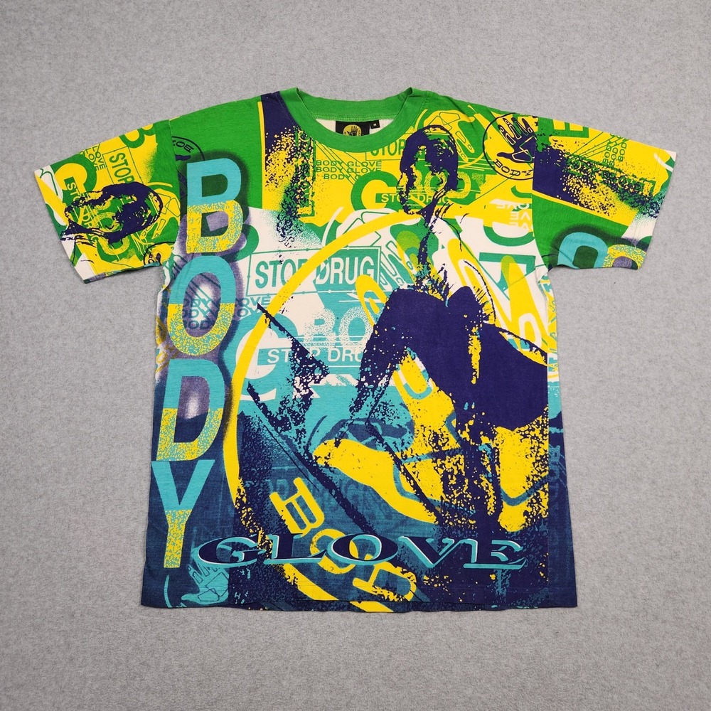Vintage Body Glove Shirt Medium Green Surf Beach Drugs All Over Print 90s USA